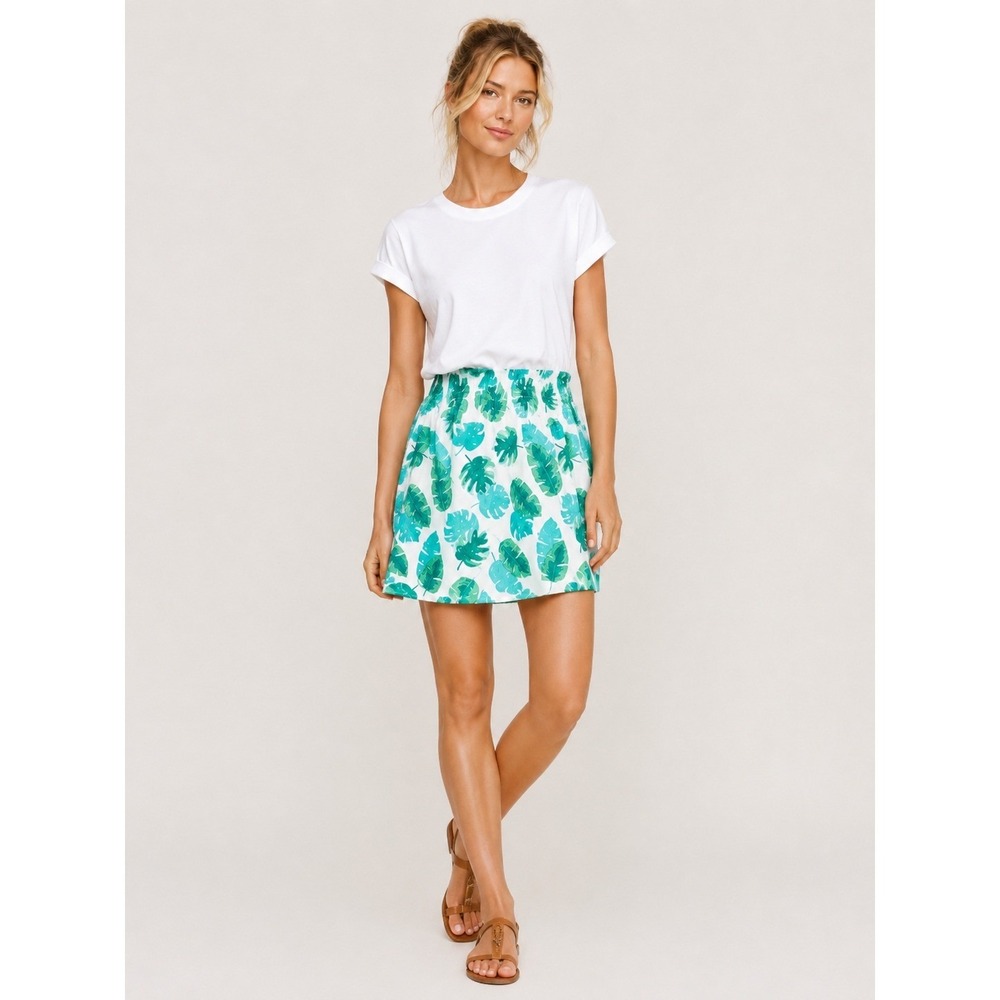 J.Crew Women Palm Leaf Print Mini‎ Skirt M Linen Blend Summer Green White Resort